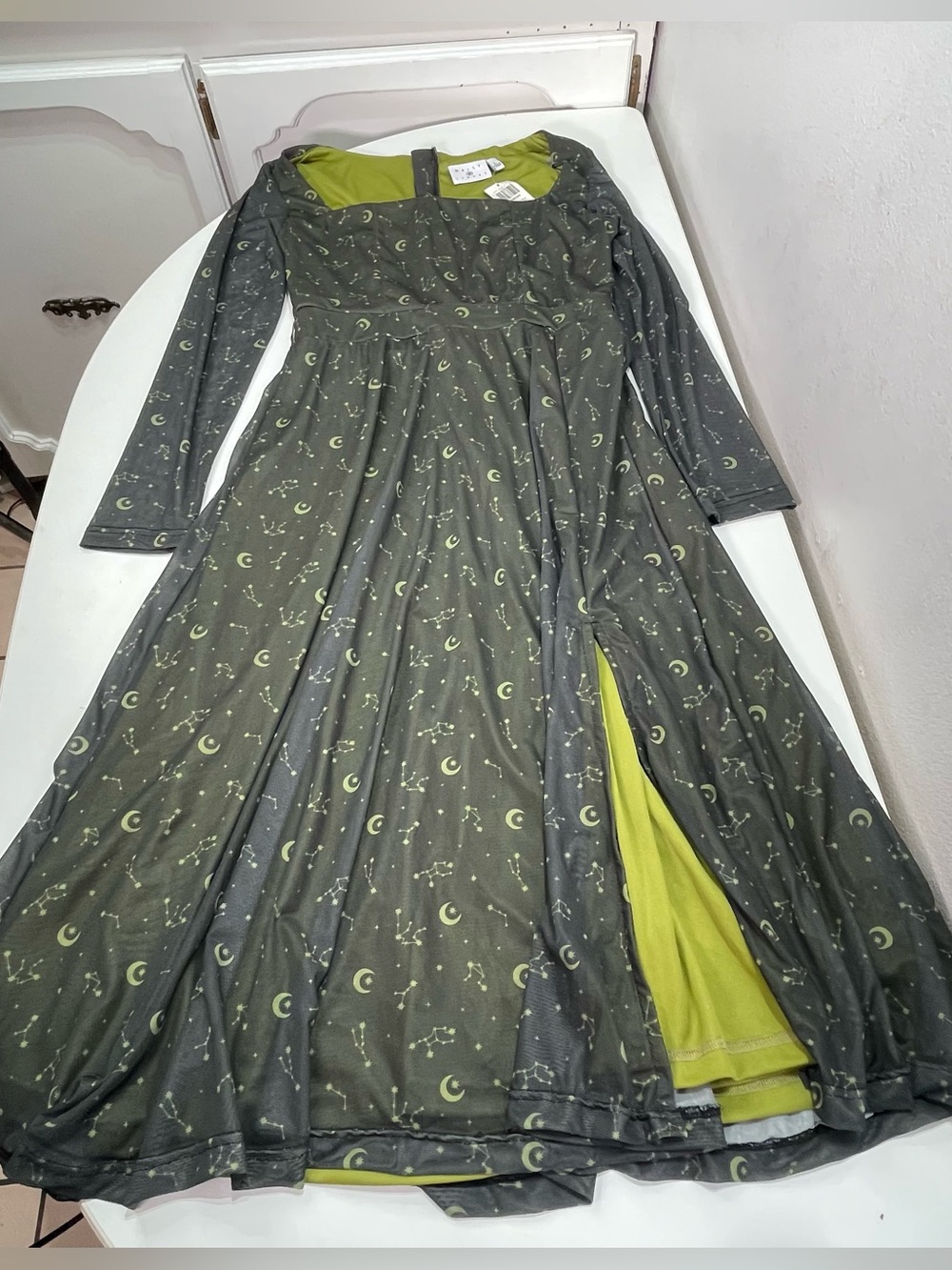 Daisy Street Celestial Star Moon Maxi Dress Green Women's LG Boho Whimsigoth